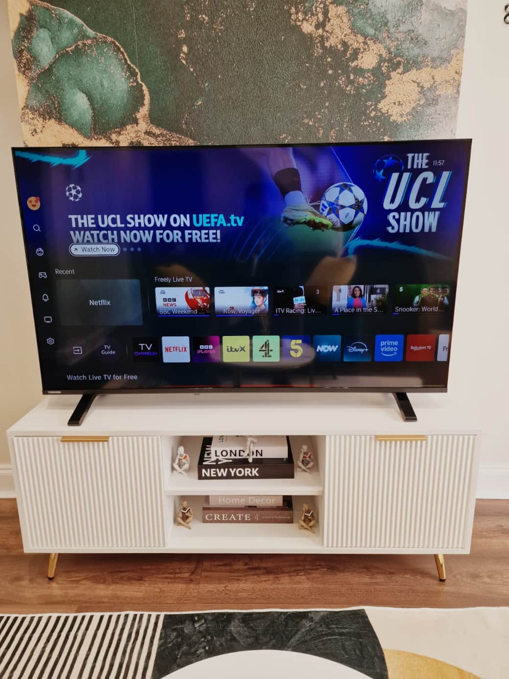 Smart TV with streaming apps.