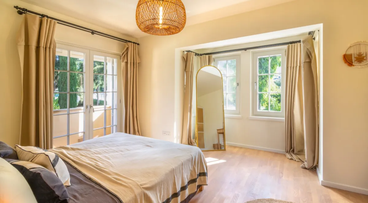 Bedroom with a double bed, large windows, and a mirror, Portville A3 032, Gocek