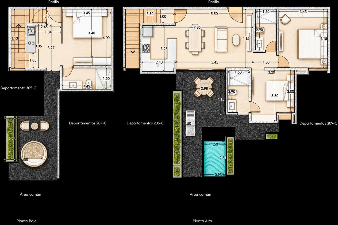 Consulta la distribución de este amplio condominio de 1,575 pies cuadrados con 3 recámaras, 3 baños, terrazas privadas al aire libre, alberca privada y jacuzzi privado.