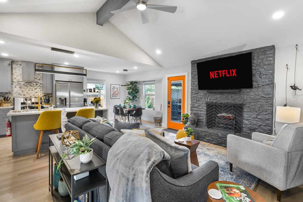 Living room + 65" Roku smart TV