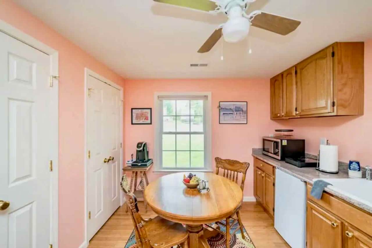 Kitchenette space with microwave:air fryer, Keurig coffee maker, small refrigerator, and single burn