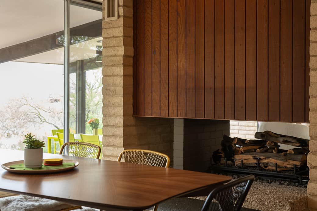 Dining room and fireplace.