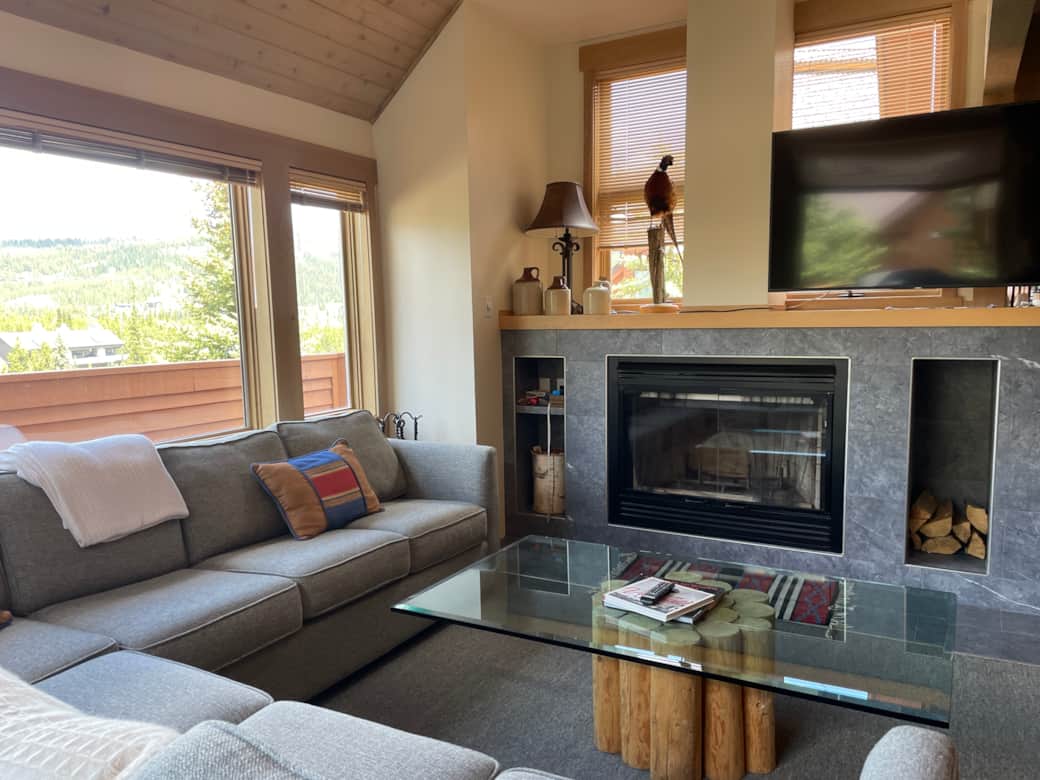 Living room wood burning fireplace