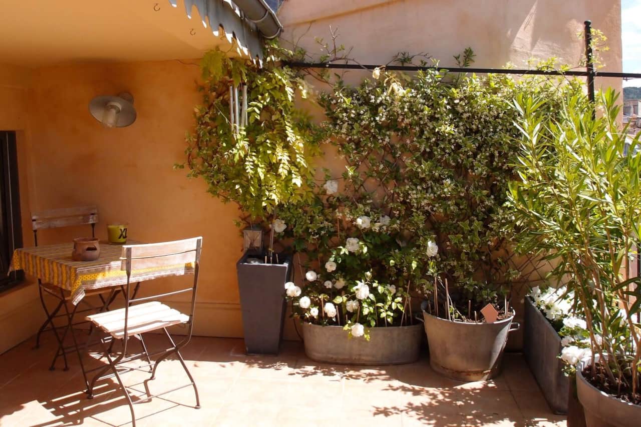 terrasse, chaises longues, vue, plantes, table