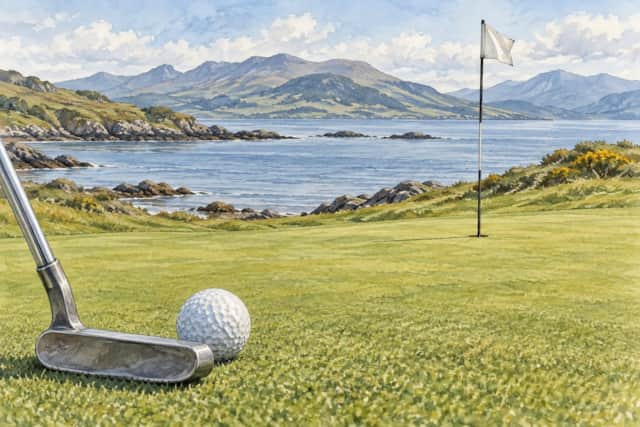 Watercolour illustration of a putter and golf ball on a coastal green