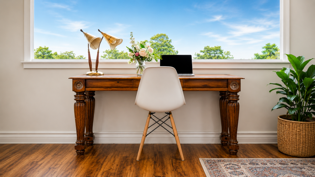 Bright office with floral touch