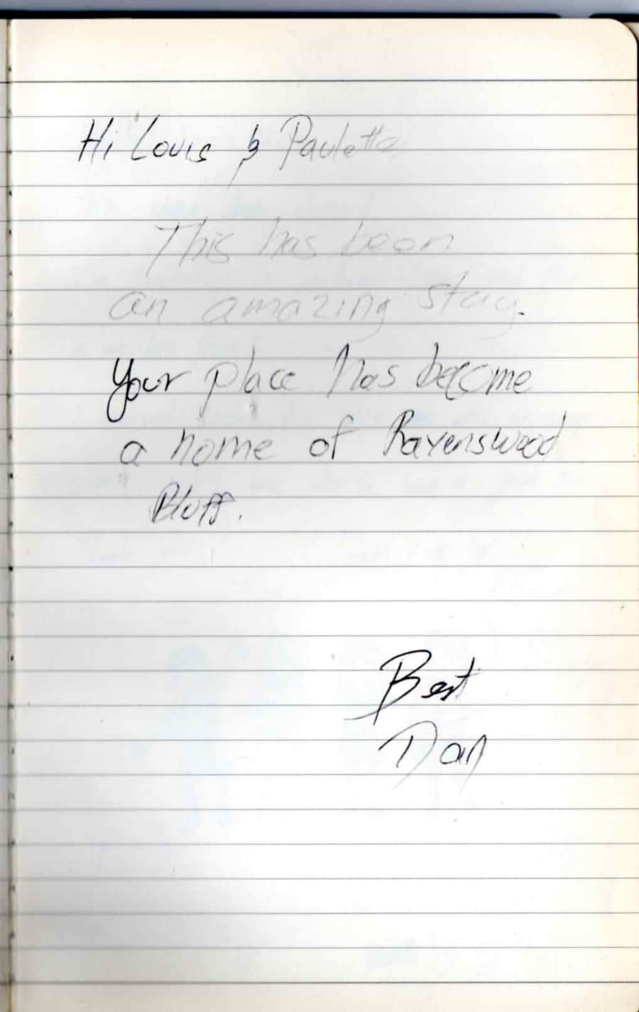 Handwritten guest note from Raya P09 guest book