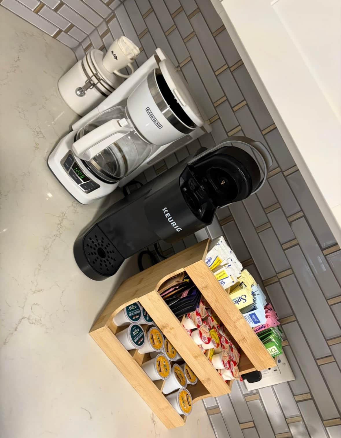 Drip and Keurig coffee available with a tea kettle tucked away also available.