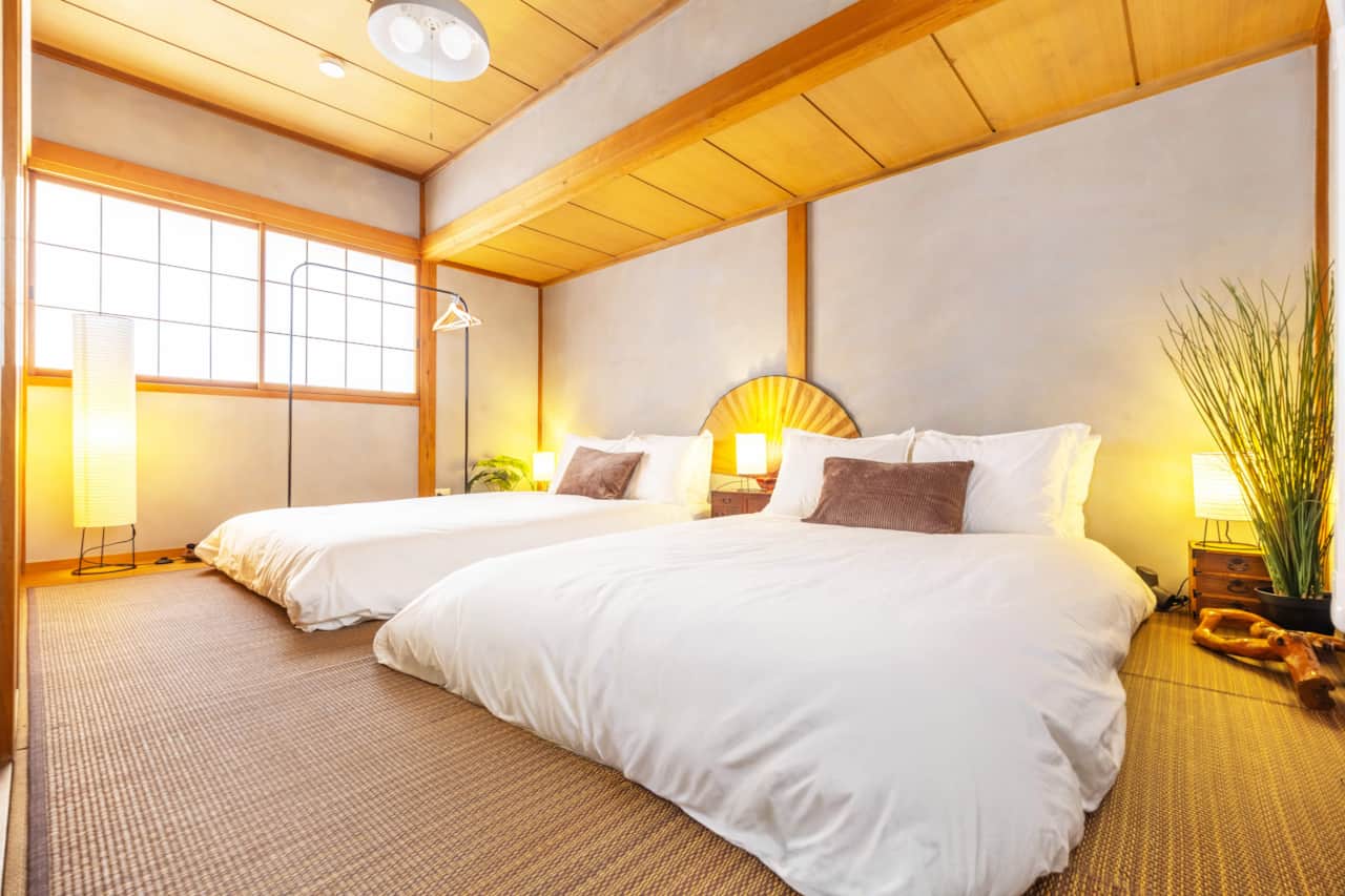 Japanese bedroom two semi double beds modern ryokan tokyo