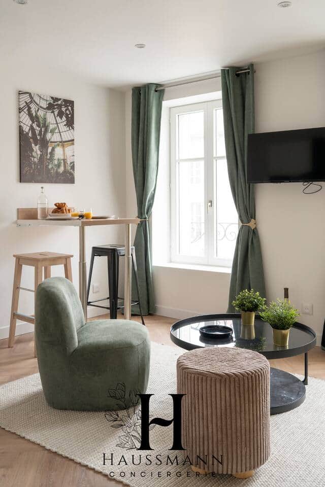 Salon lumineux avec grandes fenêtres, TV 4K murale et Wi-Fi haut débit. Décoration élégante, mobilier confortable et coin repas convivial avec vue sur la Place Duroc. Un espace idéal pour se détendre ou partager un moment chaleureux.