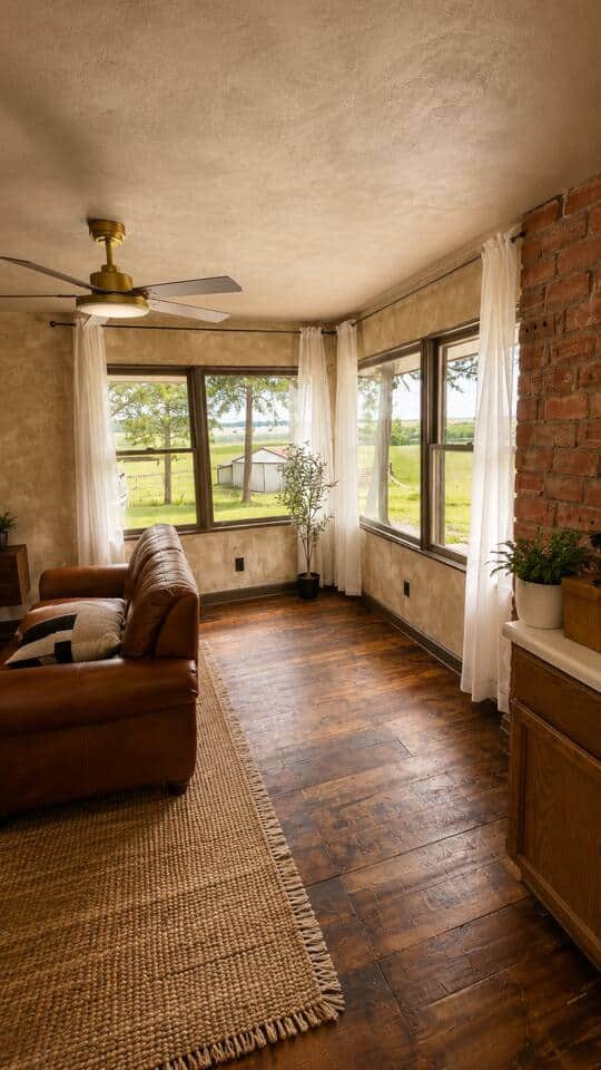 Warm living room with a leather sofa, wood floors and ranch views through the windows