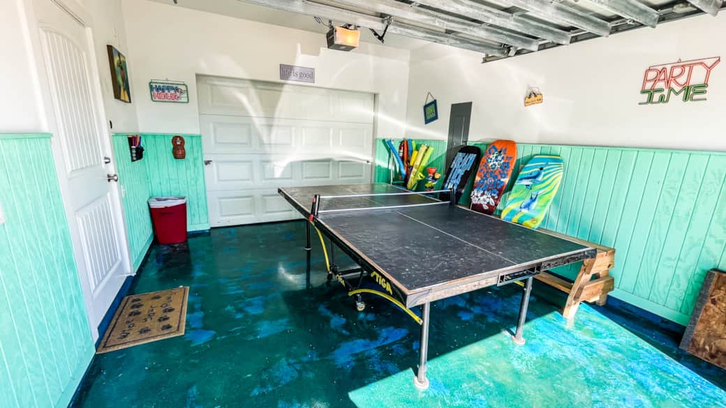 Ping pong and beach gear in game room just off the bunk room. Ping pong and beach gear in game room just off the bunk room.