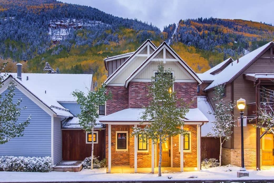 Evening exterior of South Oak Retreat facing W Pacific - Telluride Ski Resort just behind the home