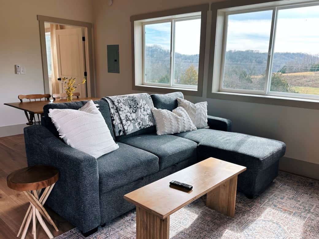 Airy high-ceilinged living room with vaulted ceilings & lots of windows, open dining area, Sm Airy high-ceilinged living room with vaulted ceilings & lots of windows, open dining area, Sm