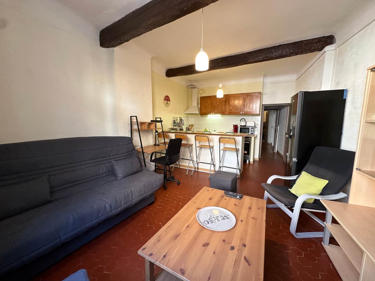living room, dining room, convertible sofa, fridge