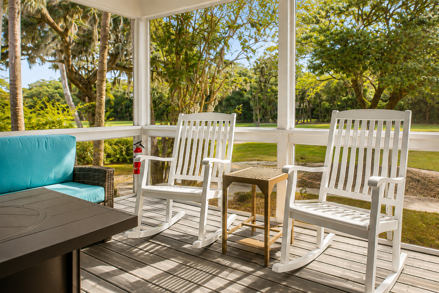 Relax in the rocking chairs and enjoy peaceful surroundings and lush views from the screened patio.