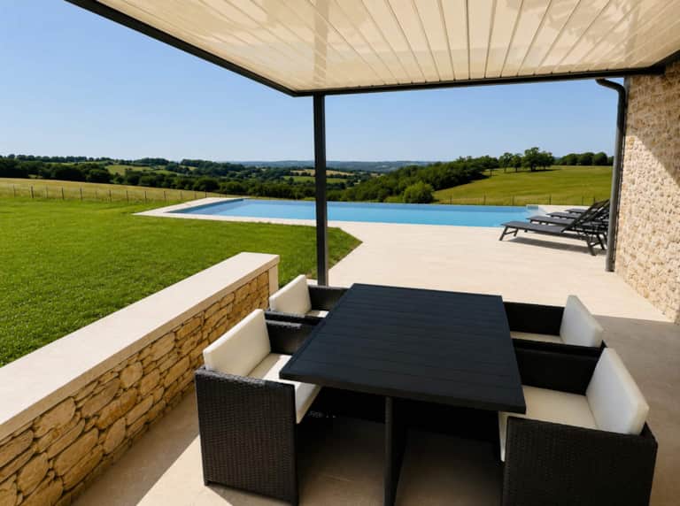 La terrasse du Belvédère du Quercy, sa table sous la pergola et la piscine à débordement