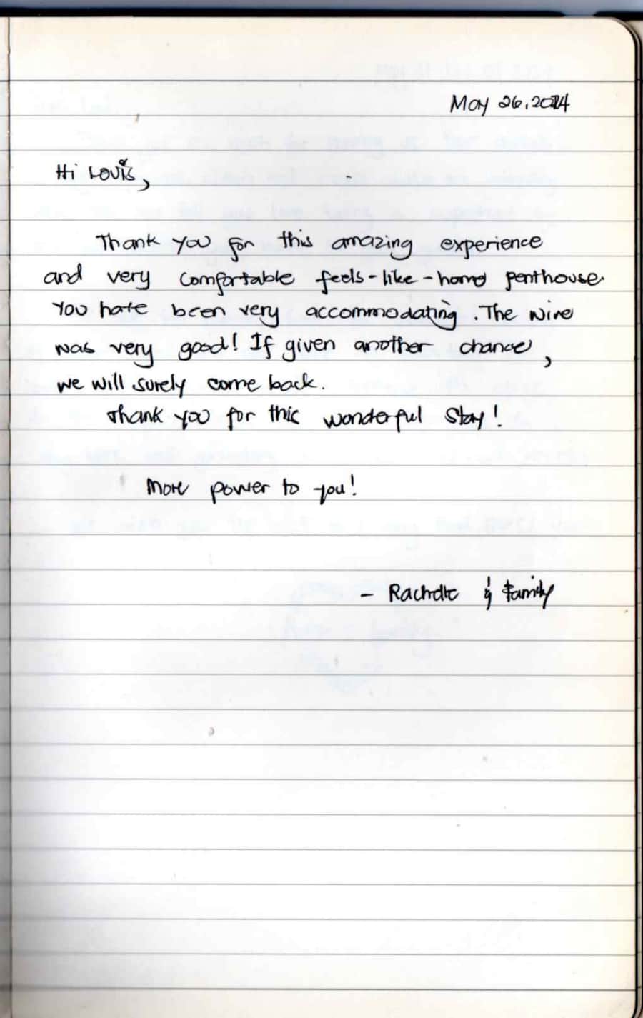 Handwritten guest note from Raya P09 guest book