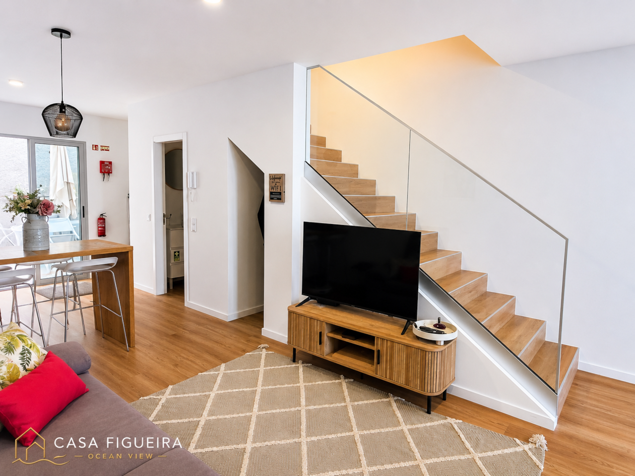 Living area and stairs to the bedrooms
