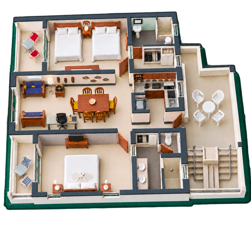 3D floor plan of Casa Milo, the two-bedroom upstairs apartment