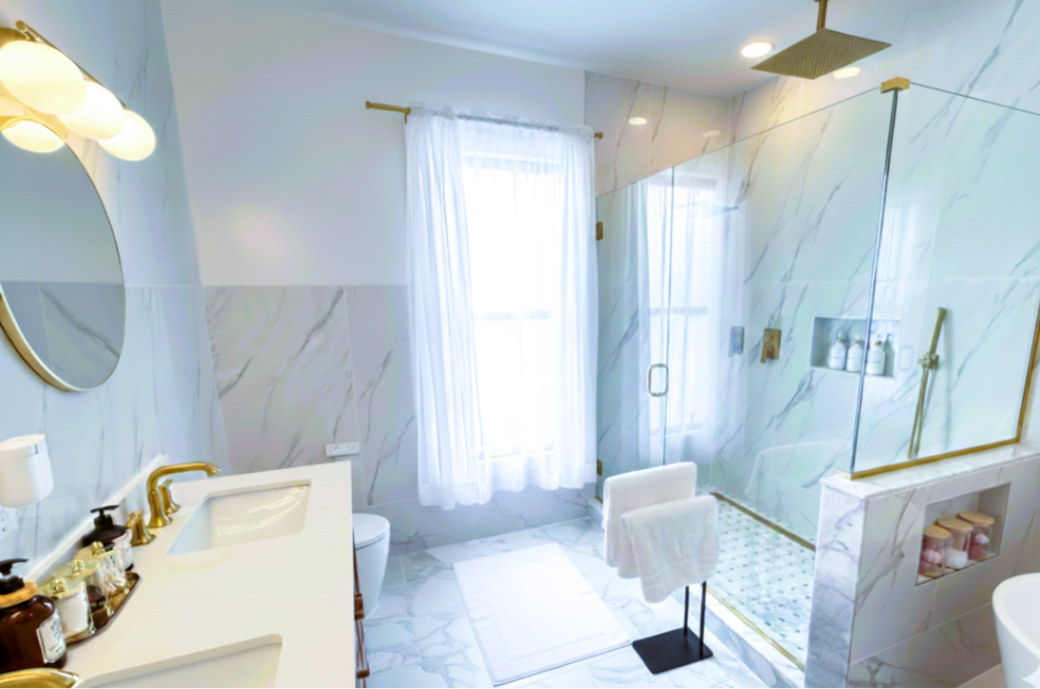 Full spa bath on first floor - double rainfall showers, double vanity, soaking tub, smart toilet