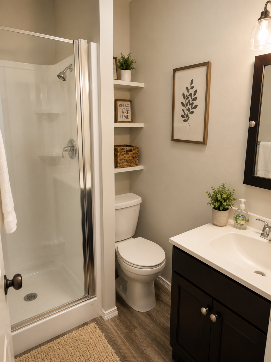 Bright modern bath with walk-in shower and clean lakehouse-inspired design