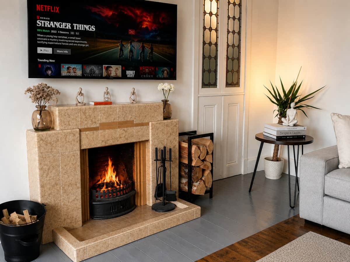 Wood-burning fire in the living room, lit for the evening.