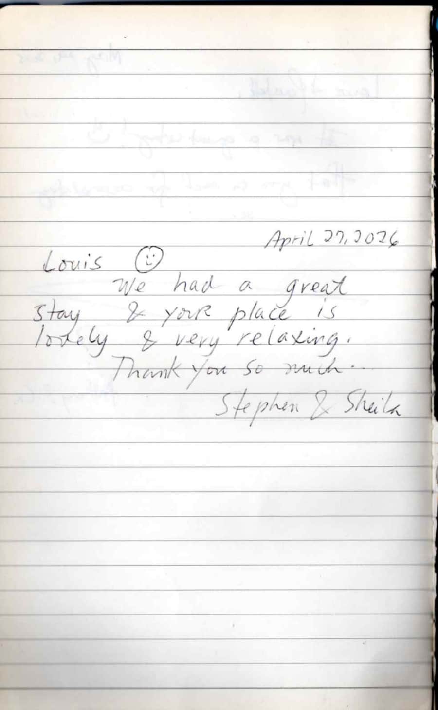 Handwritten guest note from Raya P09 guest book