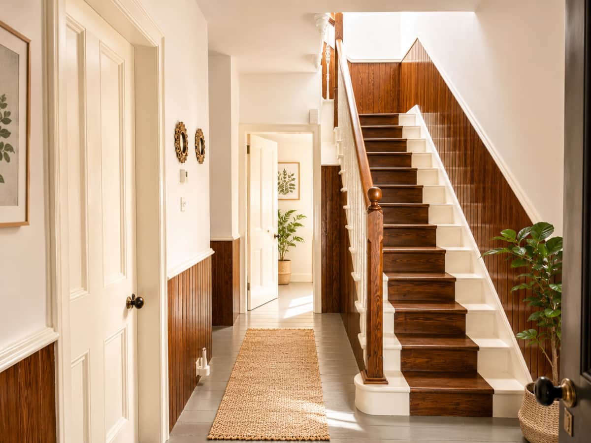Entrance hall of the Victorian house, with a timber staircase and wood panelling.