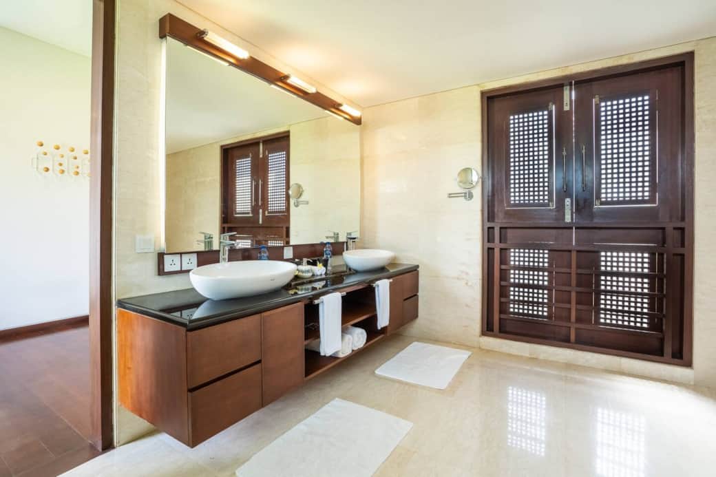 Master bedroom luxurious marble bathroom with bathtub and stand alone shower