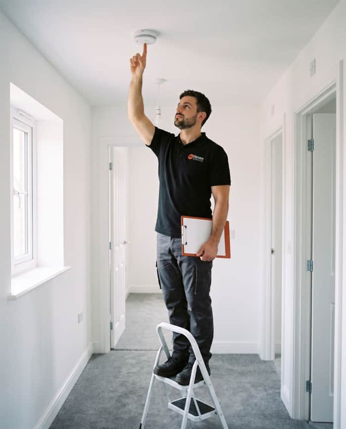 A maintenance worker on a step ladder testing a ceiling smoke alarm in an empty landing