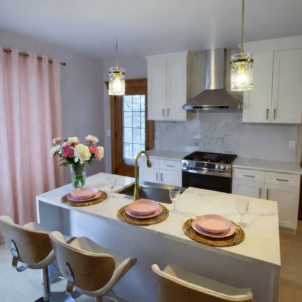 Modern kitchen with waterfront view