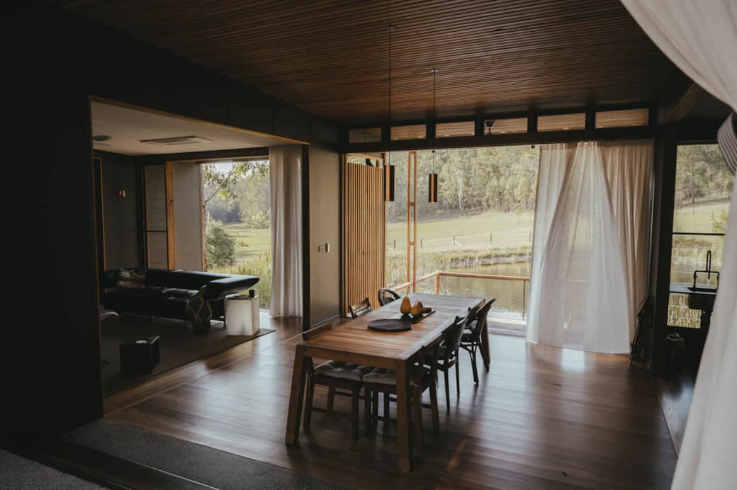 Dining with view out to the pond