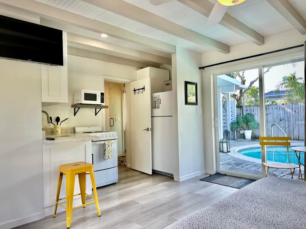 Renovated Unit 3 at Casa Citron with improved circulation and direct visual and physical connection to the heated pool, creating an open, resort-style guest experience.