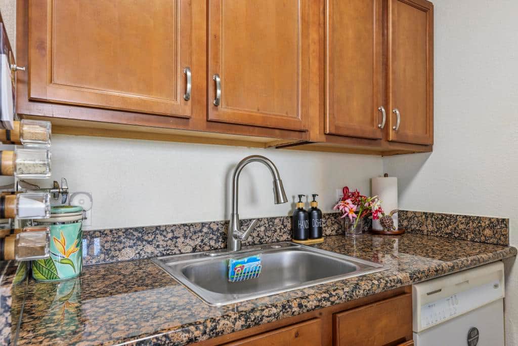 All utensils, spices, and baking items provided in this updated kitchen.