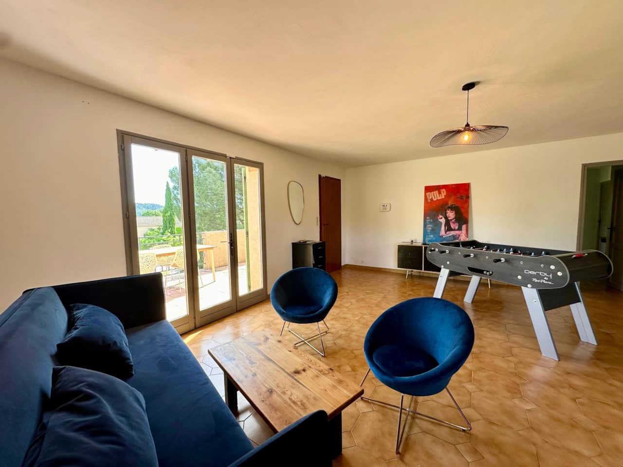 living room, foosball, sofa, chairs