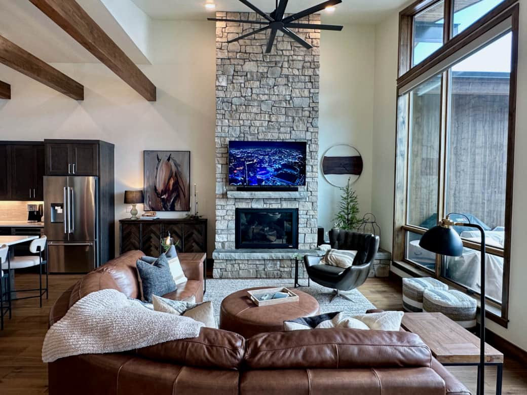 Great Room with smart gas fireplace, 65" LG OLED TV, Sonos Surround Sound