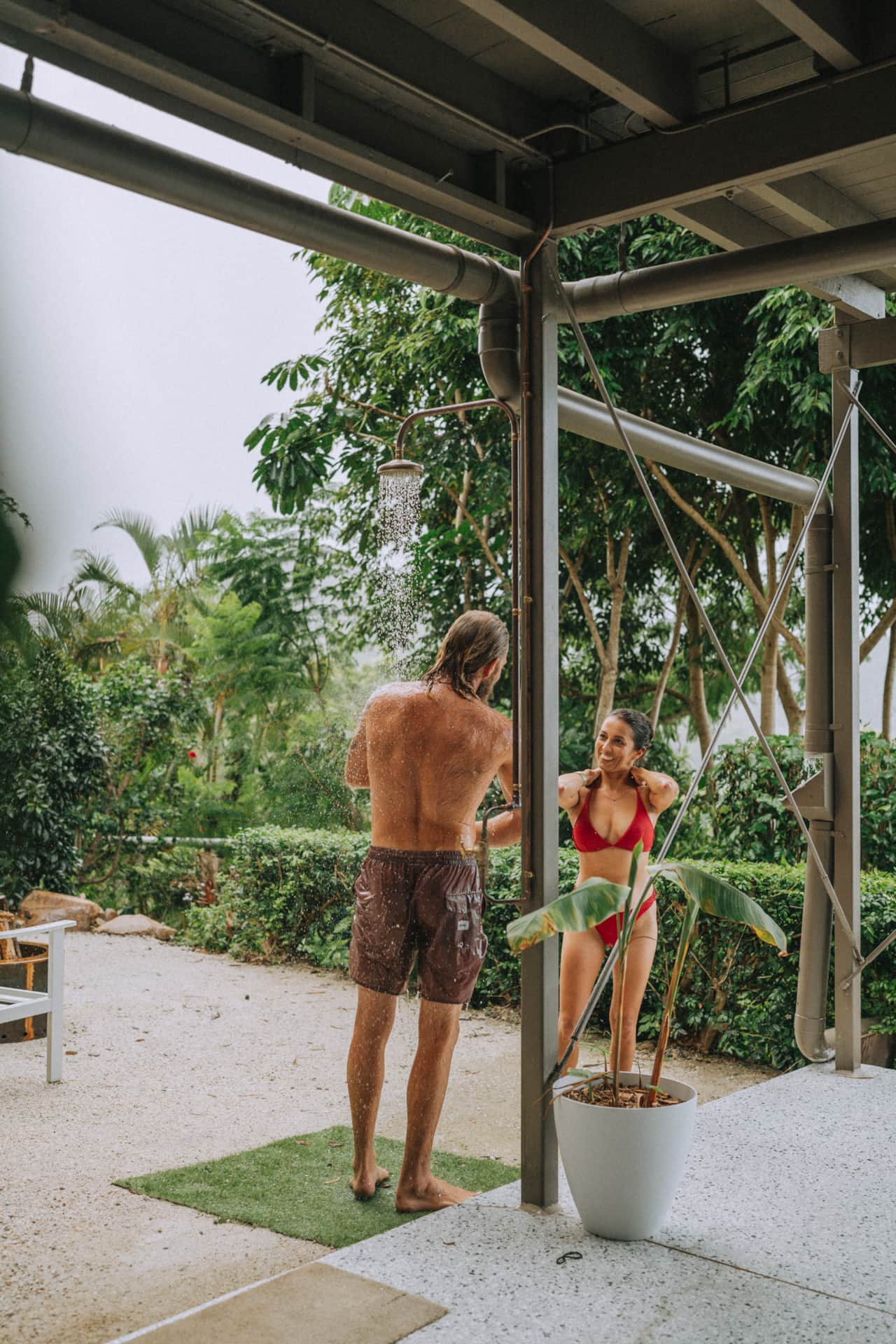 Rinse off in the outdoor shower after your sauna and plunge session.