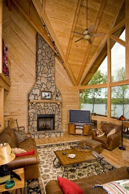 Stone Fireplace in the Lake Anna Waterfront Log home