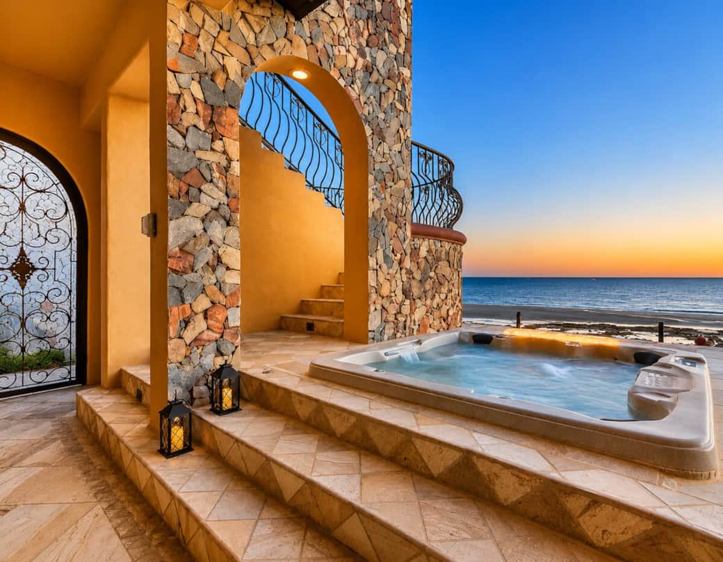 Private jacuzzi overlooking the ocean, right from your back patio and private backyard.