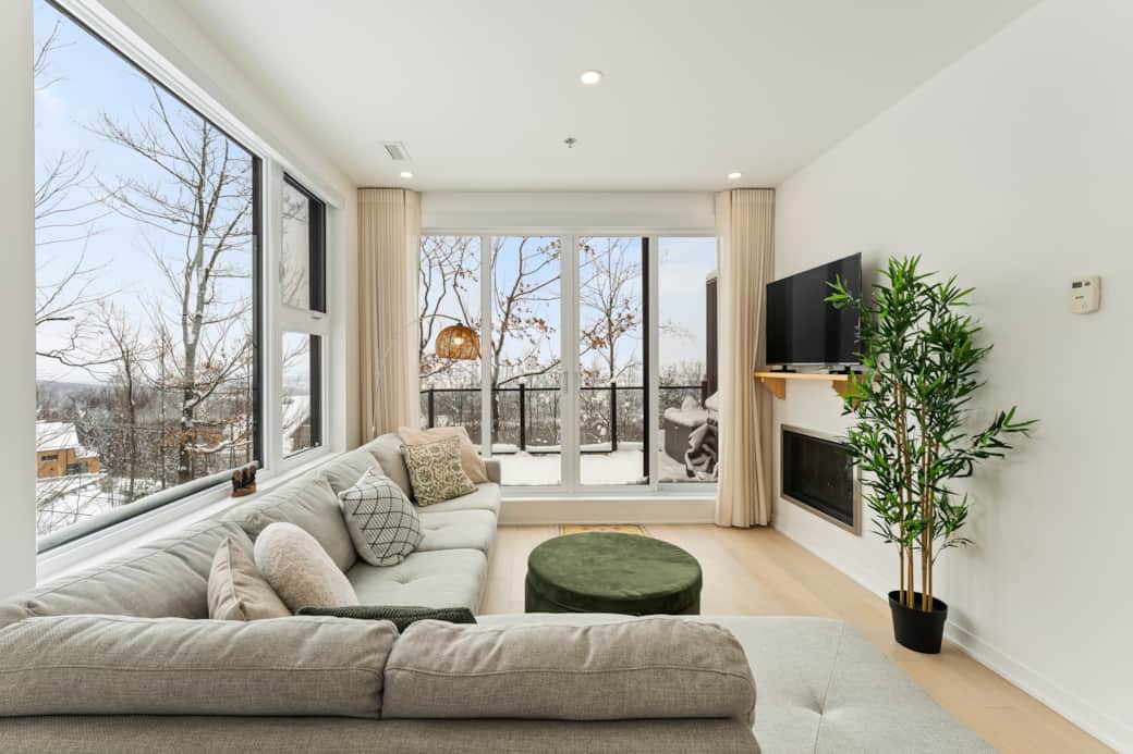 Salon avec foyer au gaz et vue sur la vallée