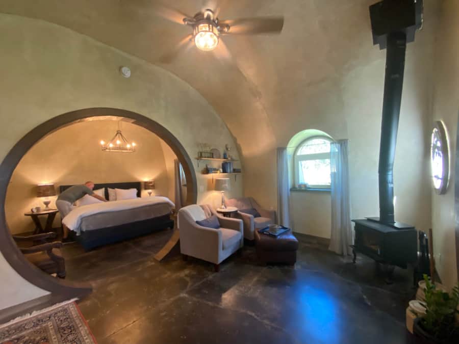 Bright & Cheery sitting area with wood stove