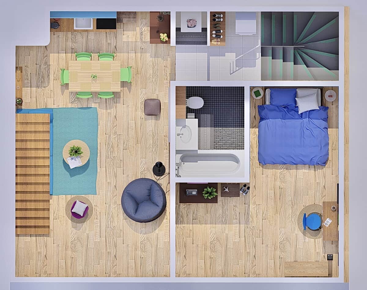 Découvrez l'agencement en plan 3D du rez-de-chaussée ! Visualisez facilement le grand salon, l'espace repas pour 6, la salle de bain et la grande chambre double. Une distribution parfaite pour planifier votre séjour près de La Défense Arena.