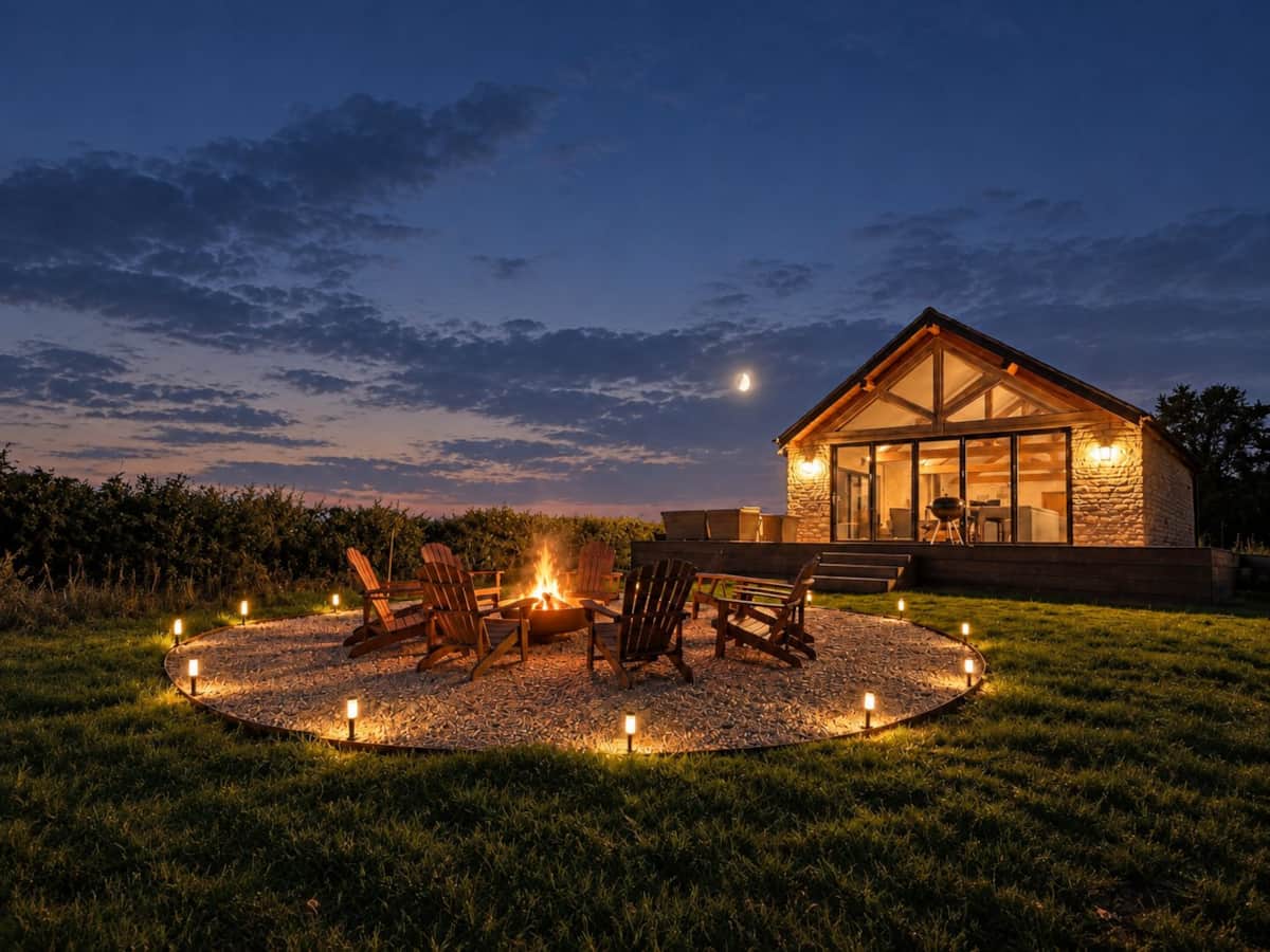 Firepit and outdoor seating at The Cotswold Barn in the early evening