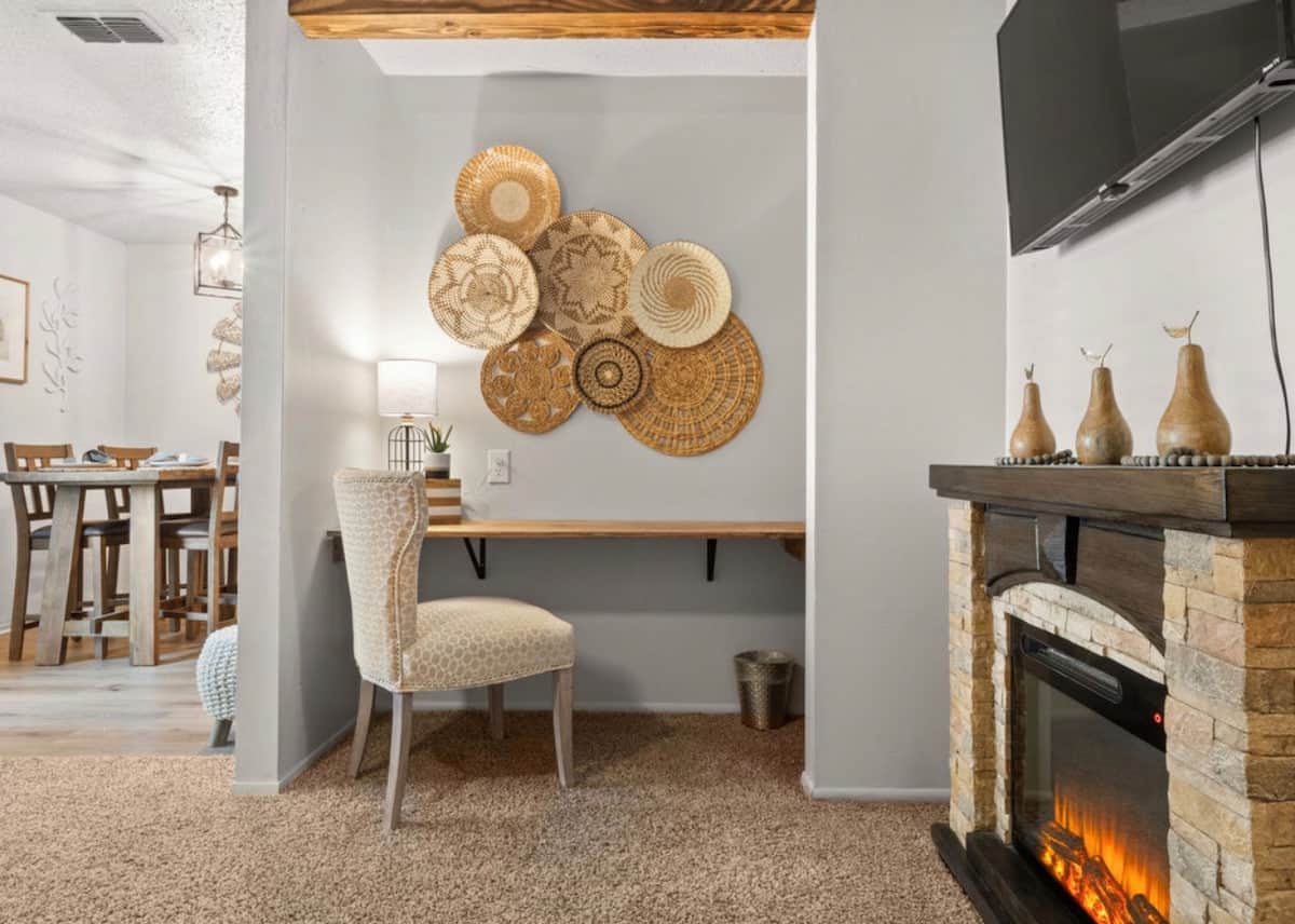 Cozy office space with stone fireplace
