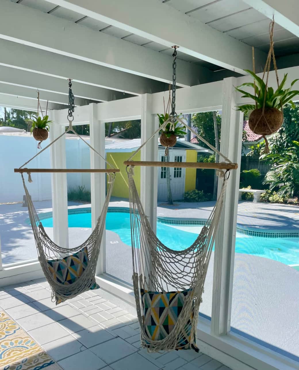 Hanging Plants Inside Screened-in Porch, Close-up Hanging Plants Inside Screened-in Porch, Close-up
