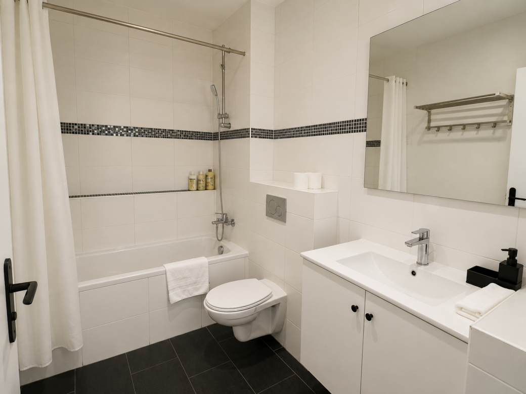 Salle de bain équipée avec baignoire, idéale pour séjour en famille