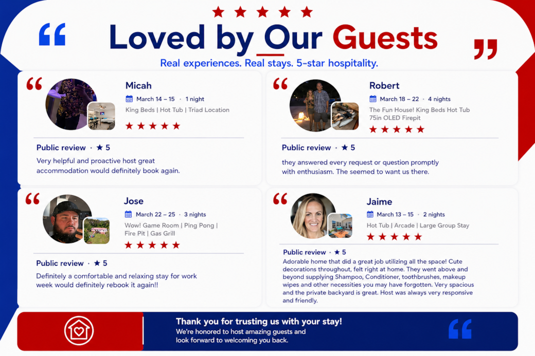 5-star stays, thoughtful hosting, and guests who leave feeling right at home. 5-star stays, thoughtful hosting, and guests who leave feeling right at home.