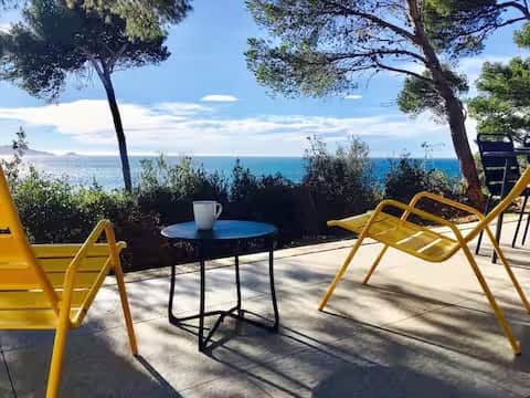 terrace, sea view, loungers