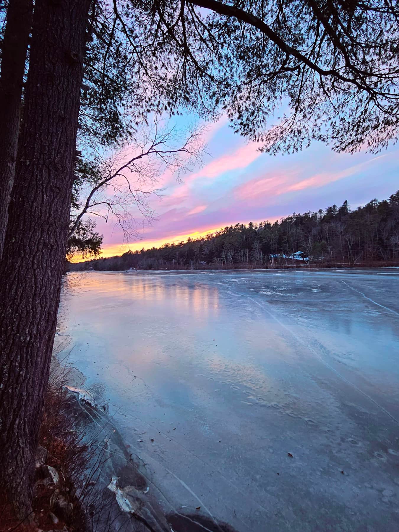 Frozen Minnehonk Lake at sunset, ready for ice fishing